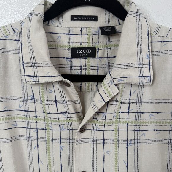 Izod Golf Shirt Washable 100% Silk Button Up Large Beige Hawaii Aloha Shirt - Picture 4 of 12
